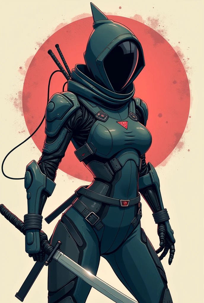 anime style illustration of techwear, cyborg ninja, holding a sword, wearing a mask, striking pose, all limbs appear in frame, japanese vibe, detailed design for streetwear and urban style t-shirt design, solid color background, etc pro vector, stunning, ultra hd