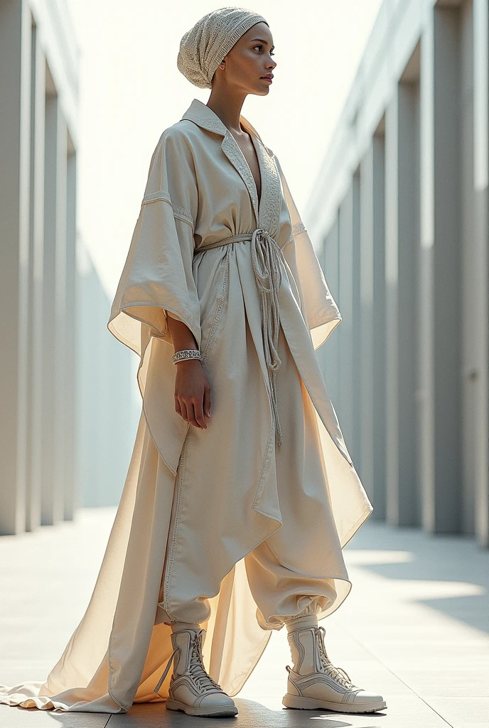 Give me a design for men, that its main theme is weaving Peace, that is conceptual, actual, very contemporary, as a fashion sketch, that is from head to toe.
