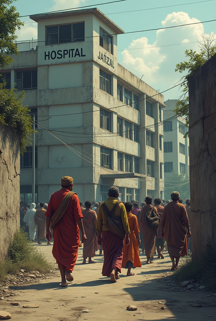 indian poor people with their kids going to a worst cracked walls hospital beside a wide cracked road with traffic