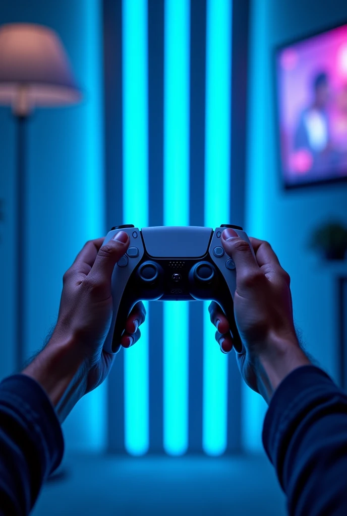 First person view seeing male hand holding PlayStation 5 video game controller with both hands with details and background with neon BLUE stripes