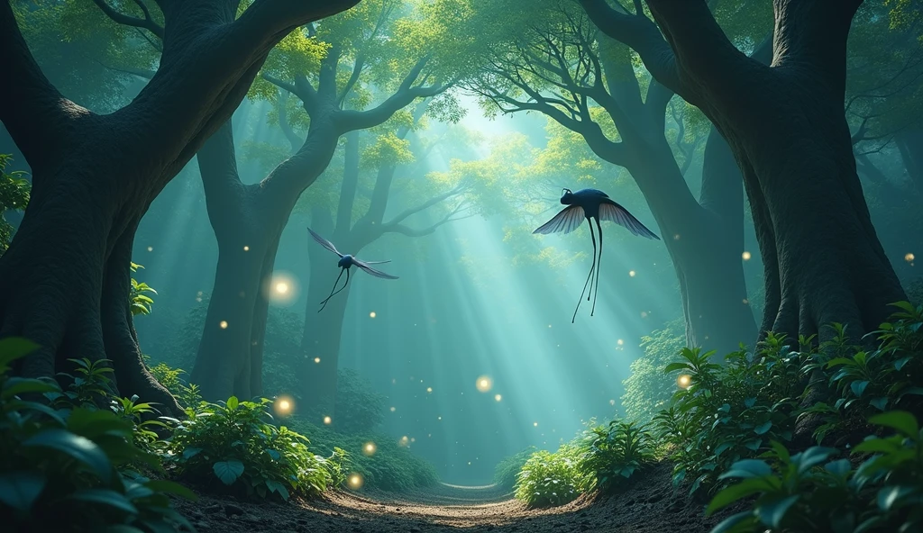 a mysterious forest with glowing leaves on the trees, floating lights, and magical creatures flying around, detailed fantasy landscape, cinematic lighting, lush greenery, surreal atmosphere, photorealistic, 8k, highly detailed, dramatic shadows, vivid colors, ethereal, fantastical, dreamlike, enchanted, magical realism