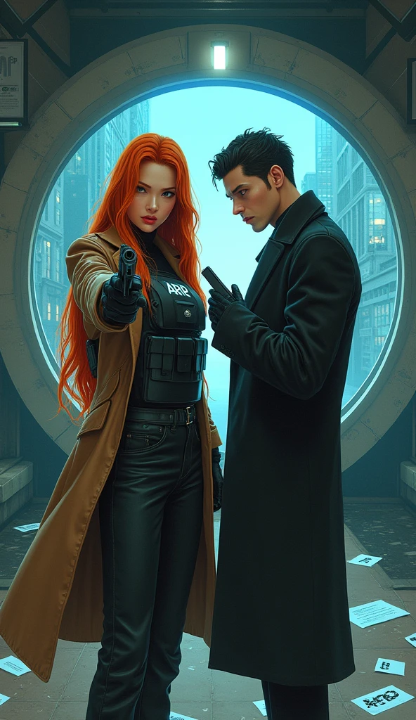 one young man, 25 years, average hair length, dark hair, courageous, expressive cheekbones, short dark stubble, bright blue eyes, brutal, sarcastic grin, A Close Look, broad shoulders, muscular torso. In a stylish black suit. Lightning is flying around him. The guy in the center of the image. To the torso. Character occupies 1/8 images. The city of the Russian Empire is in the background. Behind him are two beautiful girls. On the left is a girl in a dress with an open neckline and red hair., She has large breasts. On the right is a girl with black hair.