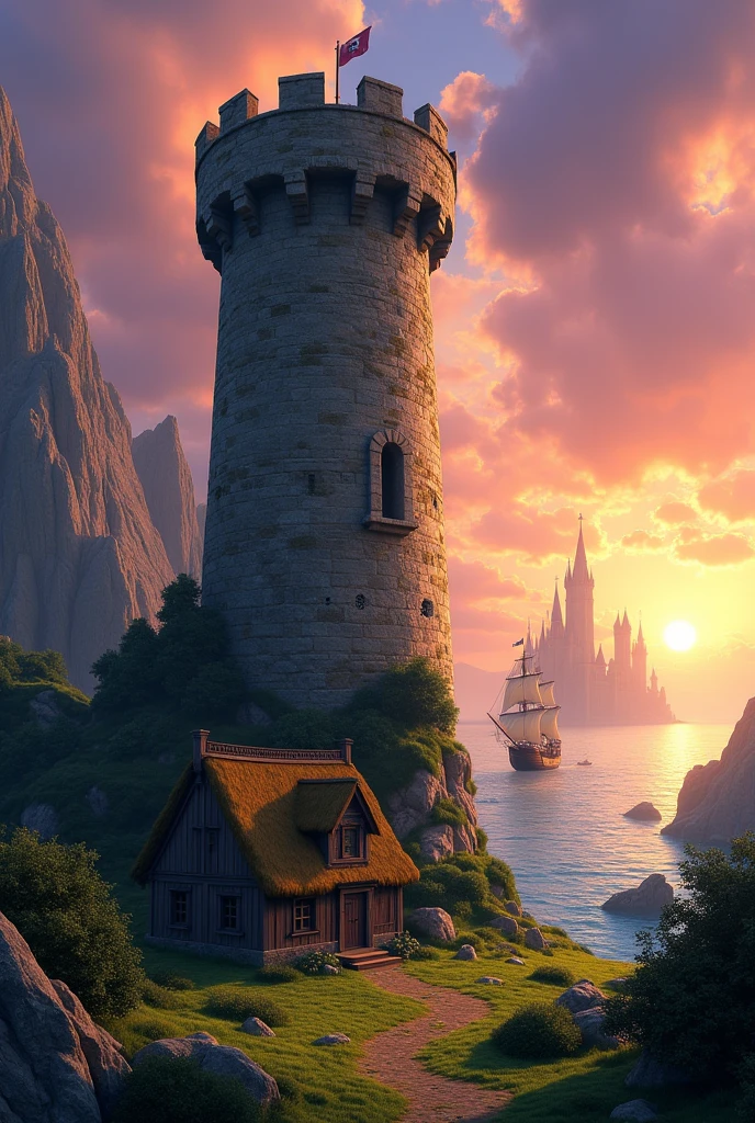 Create a landscape with a tall, rustic, rocky tower with a single door at the top of the tower (Tangled movie style) near a rustic house , In the background an ocean with a pirate ship floating , a castle further in the background near a sunset