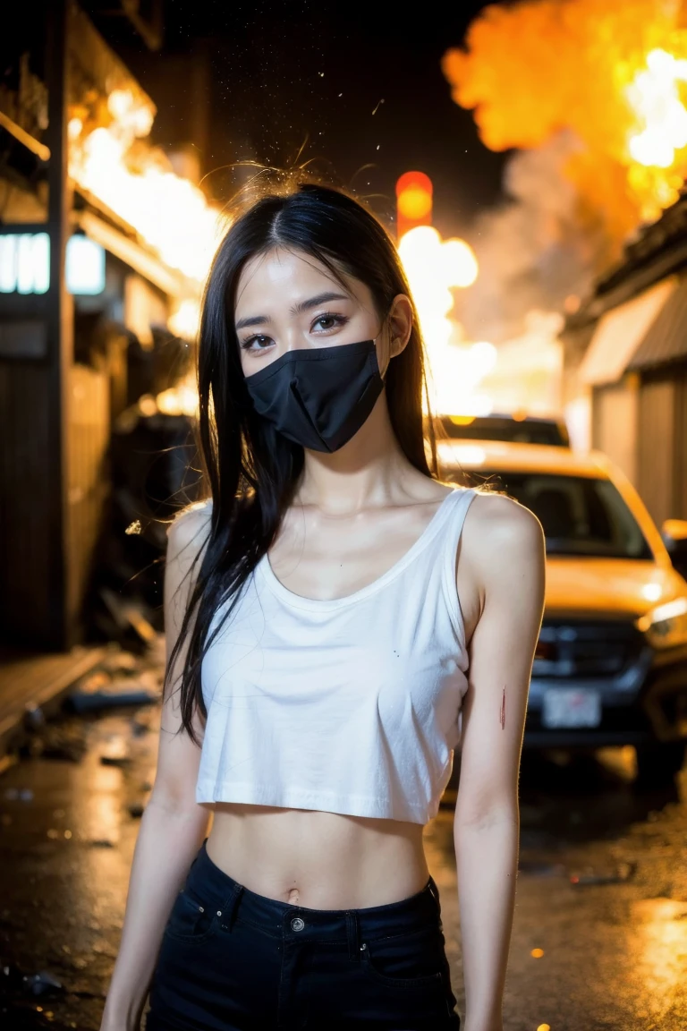 Woman in burning junkyard with wounds, blood, mask and explosion in Tokyo dust detailed real photo