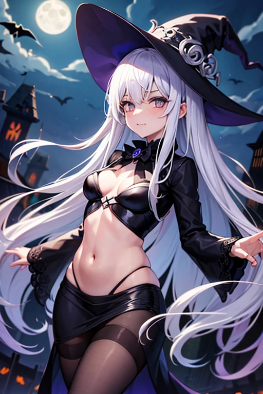 Silver hair, long hair, witch, night, full moon, Halloween, jack-o'-lantern, bat, sweets, smile, big breasts, nymphomaniac