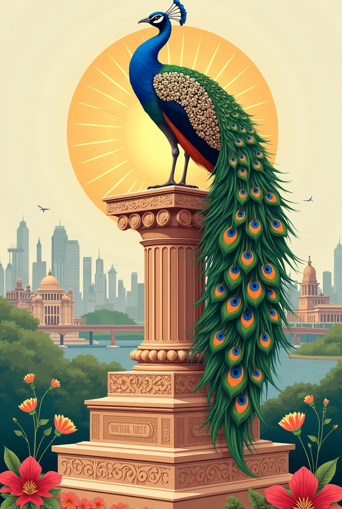 Create an illustration of a majestic Indian peacock standing on a pedestal, surrounded by symbols of honesty, justice, and progress. The pedestal should be adorned with intricate carvings of Indian laws and constitutional values. In the background, depict a stylized representation of India's infrastructure, such as roads, bridges, and high-rise buildings, blending seamlessly with the Indian Parliament building in New Delhi. Incorporate elements of nature, like blooming flowers or a rising sun, to represent growth and hope. The peacock's plumage should feature vibrant colors and patterns inspired by Indian art and architecture. The overall mood should be inspiring, optimistic, and patriotic. Style: detailed, realistic, and symbolic, with a mix of traditional and modern Indian elements.