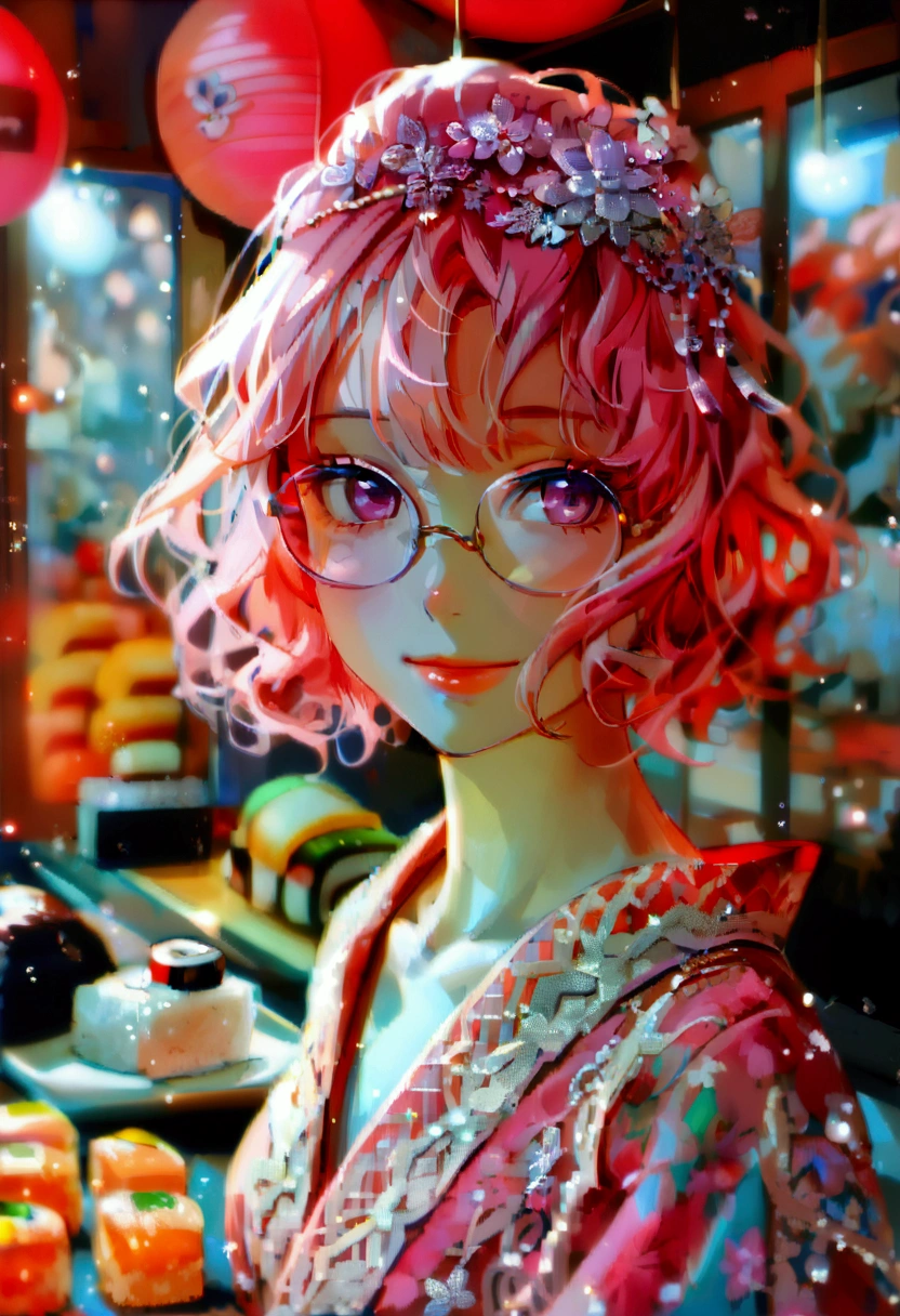(((Extravagant and luxurious nigiri sushi))),(((Sushi Shop)))、photograph, high quality、((masterpiece))、(((最high quality)))、((Very detailed))、 {finelyて美しい目}, finely,  finelyて美しい目,1 girl, (alone:1.5),  (Hair Ribbon:0.4), Pink Eyes,Movie angle,perspective,(((Round Glasses))),(((Short bob pink hair,Wavy Hair))),smile、