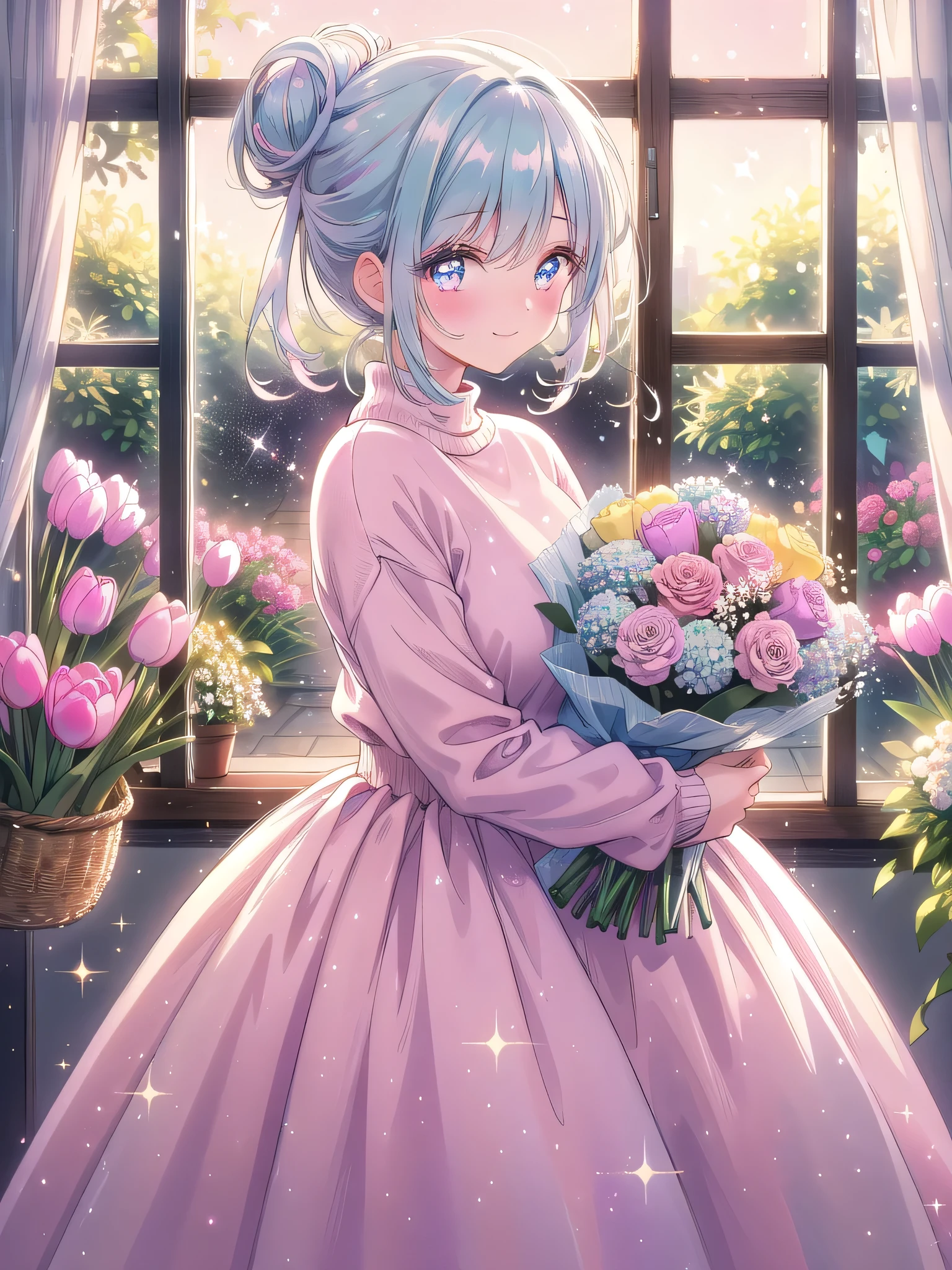 ((8k, Highest quality, masterpiece: 1.3)),Ultra-high resolution,(1 girl, alone), (Color changing eyes, Ultra-detailed, Expressive brilliance, Glitter, Glowing Eyes), Highly detailed eyes, Highly detailed face, Random Hair, ((pastel colour))Illustrate a joyful woman in a cozy, stylish home setting, standing near a large window that overlooks a serene garden. She’s holding a delicate bouquet of pastel-colored tulips and baby’s breath. Her hair is styled in a casual, messy bun, and she’s wearing a comfortable, oversized sweater in a soft pink hue, paired with simple, high-waisted jeans. She’s looking at the camera with a sweet, shy smile, her cheeks slightly flushed as if she’s about to give the bouquet to someone she deeply cares about. The room around her is warm and inviting, with soft, natural light streaming in from the window, casting gentle shadows. The atmosphere is enhanced by a few sparkles near the window, adding a hint of magic to the serene scene.