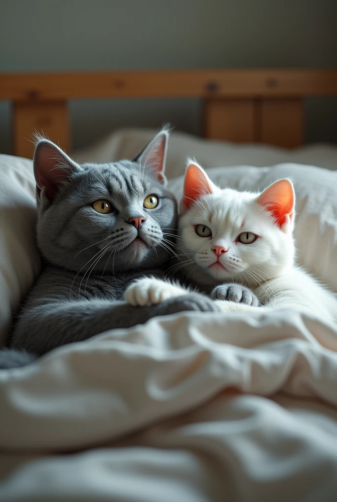 Adult Gray cat he is on the street he is like a human hands like a human he woke up in bed with his wife wife white