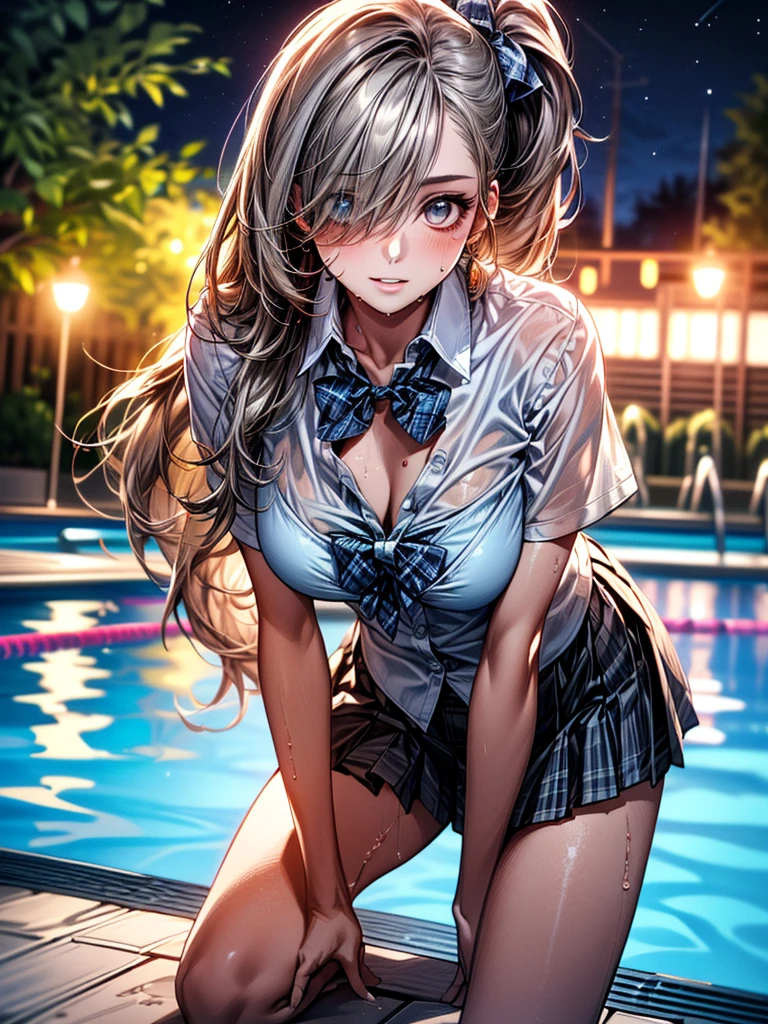 (SFW:1.5) ,Ultra high definition, High detail, Textured skin, retina, High resolution,
(masterpiece:1.2, top-quality), (realistic, photorealistic:1.4), beautiful illustration,
looking at viewer, full body, front view:0.6,
1 girl, japanese, high school girl, (long hair:1.5), blown hair, (side ponytail), hair over one eye, large breasts:0.8,
beautiful hair, beautiful face, beautiful detailed eyes, beautiful clavicle, beautiful body, beautiful chest, beautiful thigh, beautiful legs, beautiful fingers,
(beautiful scenery), school,
((collared short sleeve shirt, white shirt, , grey plaid pleated skirt, blue plaid bow tie)),
(Are standing、slouch, grab the hem of the skirt, hands on chest, hand between leglush,(Leaning forward:1.5)(Portrait Angle)(night、深night:1.5)(Sit by the pool:1.5)(Hair blowing in the wind)(Wet clothes and hair:1.2)(See-through clothing:1.4)