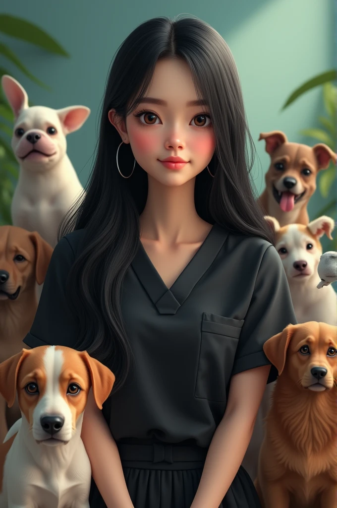 Movie cover Veterinarian girl with long straight black hair all straight hair loose hair parted from the middle with no bangs on head ,black doctor pajamas , small lips, Wide nose, small eyes ,  and with animals 