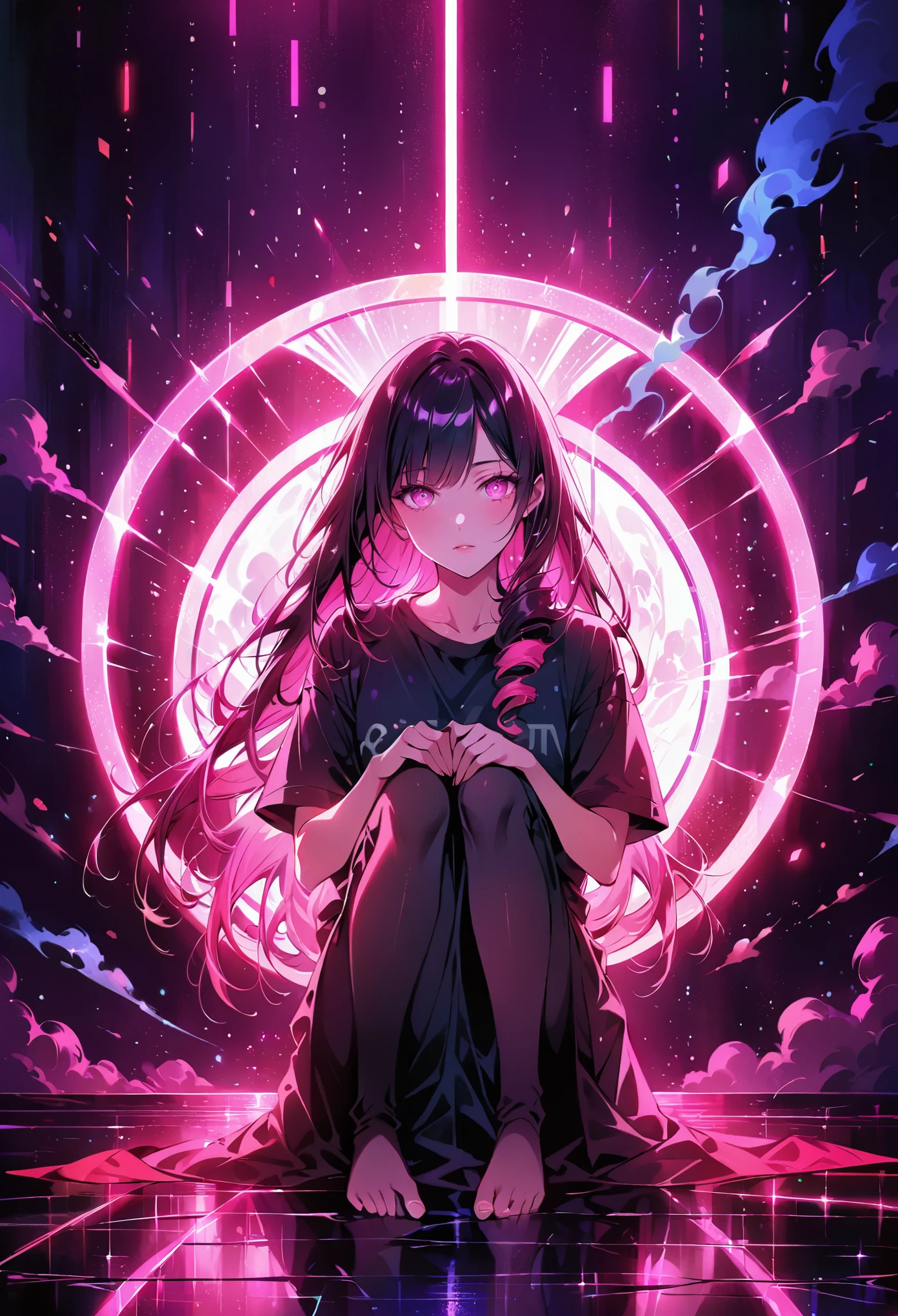 pixel styel,artist by mucha,(from front:1.5),epic-Ultra-HD-details,epic-Ultra-HD-highlights,anime-upscaled-resolution,(realistic, photo-realistic:1.37),precise and realistic hair:1.1),beautiful detailed eyes,extremely detailed eyes and face,awardwinning,amazing details,super detail,best quality,1080P,8k,masterpiece,detailed skin, shadow, texture, light, black background, Dark color palette, neon pink and black, dark atmosphere, Dim neon lights, smoke, Circular composition, 1girl, Gothic style girl, Oversized black T-shirt, red glow hair, One-sided long bangs, Single long ponytail at the back, Incredibly long back hair, Flying long hair, neon pink glow eyes, Close your knees, Spread your feet apart, (Kneel down:2.0), Cover your eyes with your hands, curtained hair, double bun, drill hair, colored inner hair, side swept bangs, Conceptual art, Surrealism, backlighting, ray tracing
