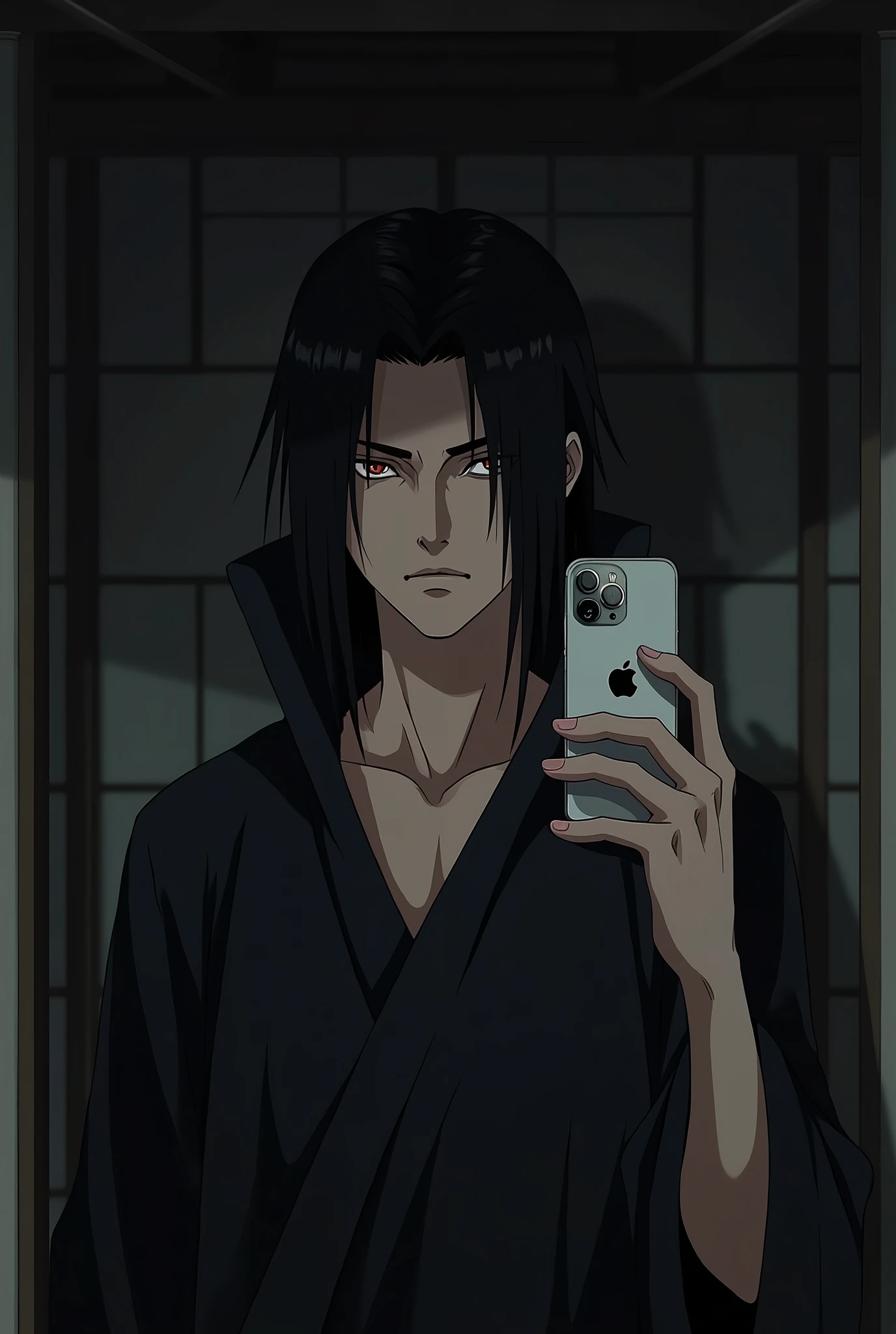 itachi uchiha, taking a picture in the mirror with an iphone