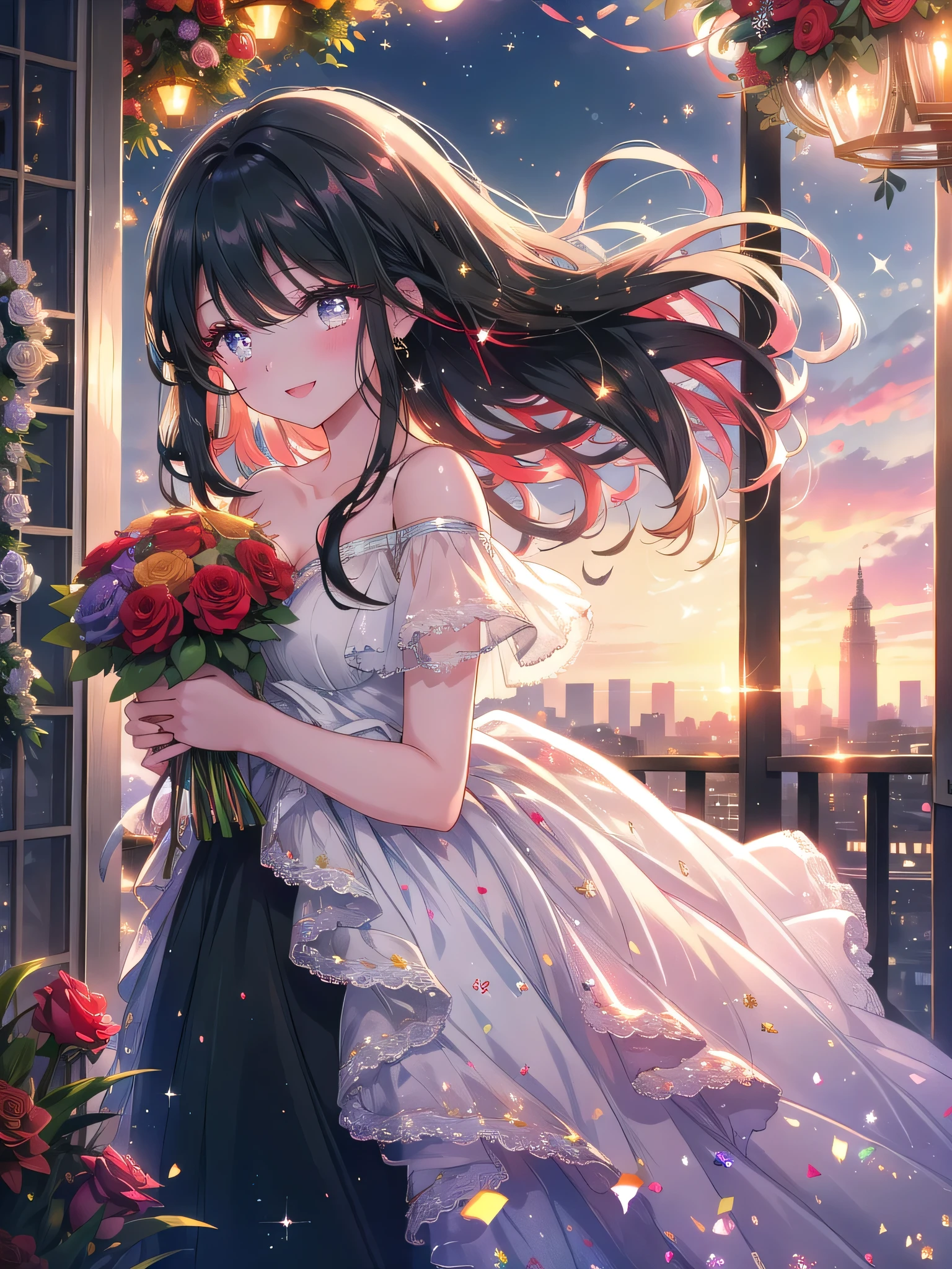 ((8k, Highest quality, masterpiece: 1.3)),Ultra-high resolution,(1 girl, alone), (Color changing eyes, Ultra-detailed, Expressive brilliance, Glitter, Glowing Eyes), Highly detailed eyes, Highly detailed face, Random Hair, ((pastel colour)) illustrate a woman standing on a picturesque balcony overlooking a vibrant city skyline at sunset. She holds an elegantly arranged bouquet of red and white roses mixed with eucalyptus leaves, exuding a romantic yet sophisticated vibe. The woman has long, flowing black hair and is dressed in a sleek, off-the-shoulder red dress that gently flutters in the breeze. She’s smiling warmly at the camera, her eyes sparkling with joy and excitement, as if she’s about to give the bouquet as a heartfelt gift. The balcony is adorned with string lights and potted plants, adding a warm and inviting atmosphere, while the sunset casts a golden glow over the entire scene, with subtle lens flares to enhance the magical moment.