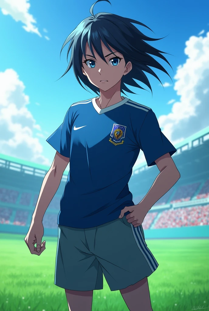 Seishiro Nagi BLUE lock with red eyes and black hair in the field