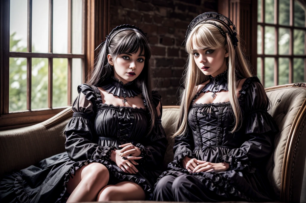 ((masterpiece、top-quality)), (Photo realistic photography:1.4) , (2 gothic ta:1.5), White Elegance, Highly detailed frills, (intricate details),2 different girls, English females, 18year old, Mystical Beautiful Girls, Very BEAUTIFUL faces, perfect anatomia, perfectly proportions, VERY DETAILED EYES, face perfect, Strong gothic makeup, Whitewashed face, Purple Lipstick, Purple eye shadow, (Heavy makeup:1.4), Pathological beauty, Bright on the face, Details of face, serious faces, blonde and black hair, Long straight hair, Parting aligned bangs, Hair that flutters in the wind, Gothic Loliostumes, Black bulging with panniers, Very short stature, Very small breasts, ((Two girls sitting close together on a lounge chair)), conceptual art, Reality, godrays, Cinematographic lighting, canon, high details, hiquality, HD fine, 16K resolution, Full body portrait, knee up shot