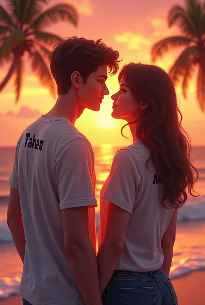 Young couple enjoying sunset at beach boy name written on t shirt taher and girl name is written on t shirt muskan
