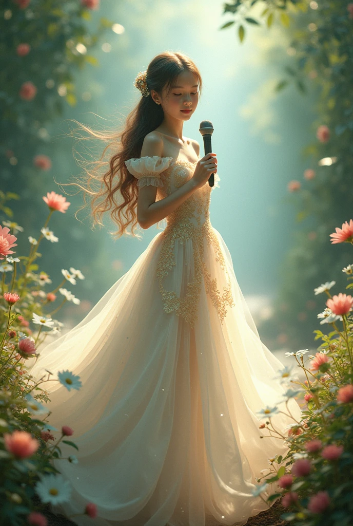 Illusion. Girl wearing white and gold dress holding microphone with garden background