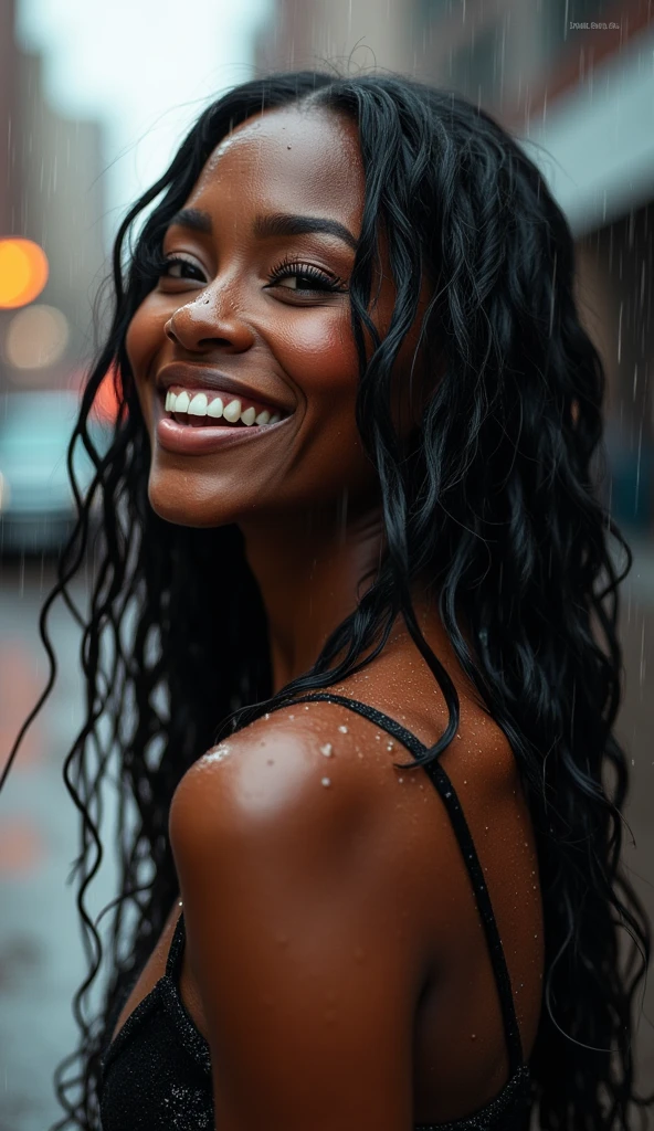 An exquisite portrait of a pretty black woman with a realistic long hair bathing in the pouring rain in a city, the image is captured in stunning 4K, enhancing every single detail. Her beauty is astounding. Her eyes tell her whole story. Smiling. She enjoys the rain like a model in a photoshoot. full body. This photograph is taken with a 85mm lens that best captures her features creating one of the best visuals ever seen on film.