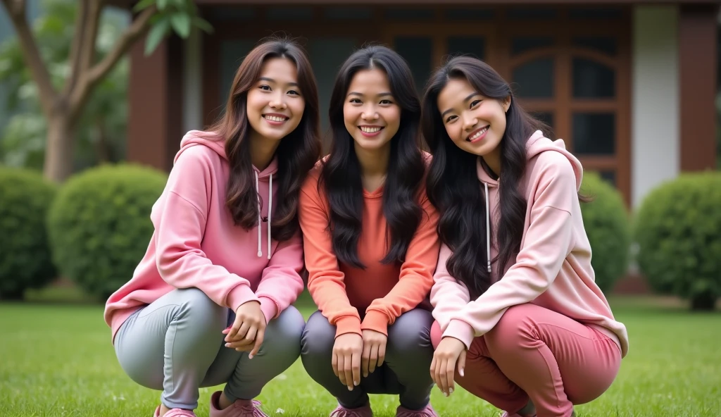 3 Beautiful Indonesian Women, his body is quite fat, fair skin, big nose, long wavy hair, wear a hoodie, long pants, wearing pink sneakers, squatting on the grass, his hands in front, happy faces all facing the camera, in front of the country house, morning mood, minimal defects, very detail, realistic, 8K picture