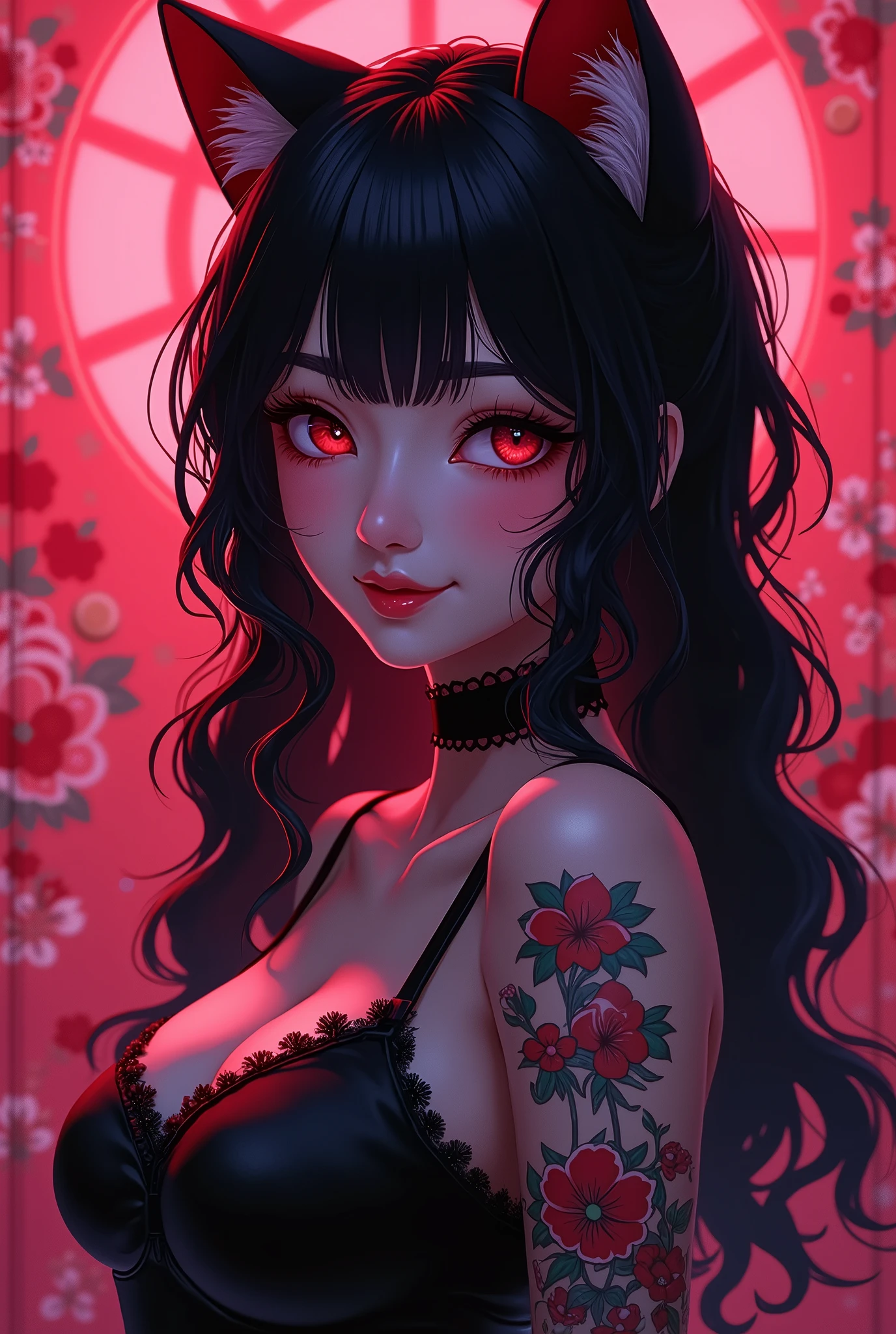 Japanese girl with more or less long black hair with bangs and red highlights, e sexy, Lady,Red hair,dress,beautiful,anime,tattoo, face portrait, close up, big beautiful detailed eyes, ulzzang, art nouveau, candy, sweets, tattoo background pattern, tapestry, backlit, neon palette, geisha, 3 dimensional against a traditional japanese tapestry, ,((long hair slightly wavy slightly past the shoulders, black bangs, small black pigtails on the sides, cute cat ears, beautiful thin red eyes,)),Gafe,Muslos carnosos,Estilo de publicidad del cartel.,Ultracortos,Simetall,C cup,happy expression, jinxlol. (Masterpiece, Best quality, Ultra-detailed, Best shadow), (Detailed background,Dark fantasy), (Beautiful detailed face), High contrast, (Best illumination, An extremely delicate and beautiful), ((Cinematic light)), Colorful, Hyper-detailing, Dramaticlight, Intricate details, (1 girl, Solo,Black hair, sharpy face,Low Twin Tails,Red eyes, hair between eye,Dynamic Angle), blood spatter, swirling black light around character, Depth of field,Black light particles,(Broken glass),Magical Circle, 1girl, solo, monochrome, greyscale, bob cut, short hair, portrait, turtleneck, closed mouth, bangs, looking at viewer, blunt bangs, sketch, graphite \(medium\), lips, hatching \(texture\), red lips