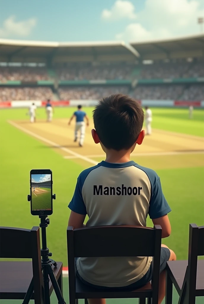 A boy sitting on a chair cricket ground phone with tripod towards players is infront oh him name on his tshirt back is manshoor