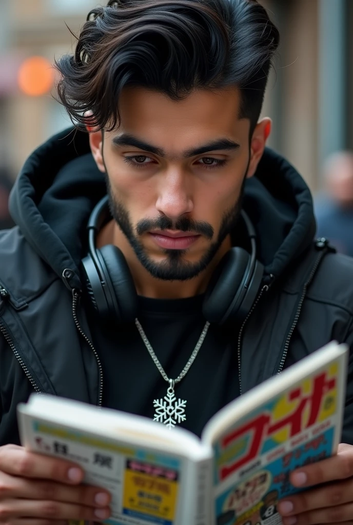 Un garçon algérien 20 ans avec une coupe de cheveux de midpart chargé et une barbe noire, yeux marrons avec un collier d'un flocon de neige comme une étoile en argent, et porte une capuche noire et et des écouteurs autour de son cou et lit un manga de anime et il ne porte pas de boucle