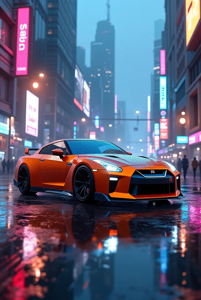 Nissan Gt r36 in orange blue in siberpunk city with neon lights and wet ground