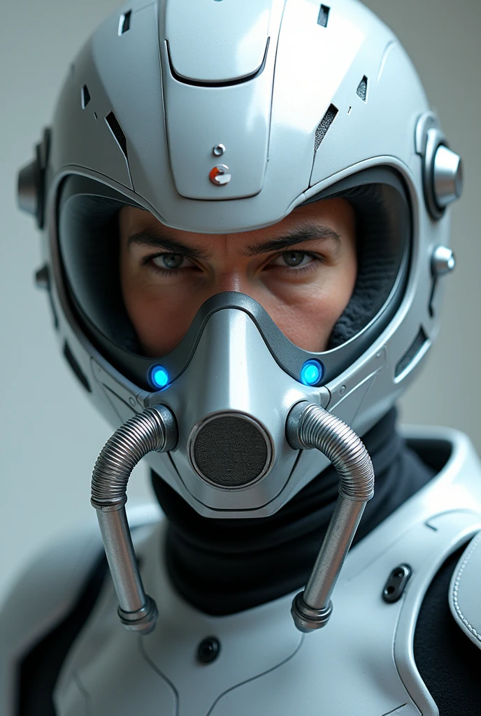 1 man, silver motorcycle helmet, snorkeling mask, portrait close up. Silver two pipe tube from mouth to head. Future design.. high tech. Wear google safety eyes glowing blue. The tube connect from head to mouth. Future headphone design blue led light detail. Starlord helmet design concepts. Very detail . High tech costume. Marvel.