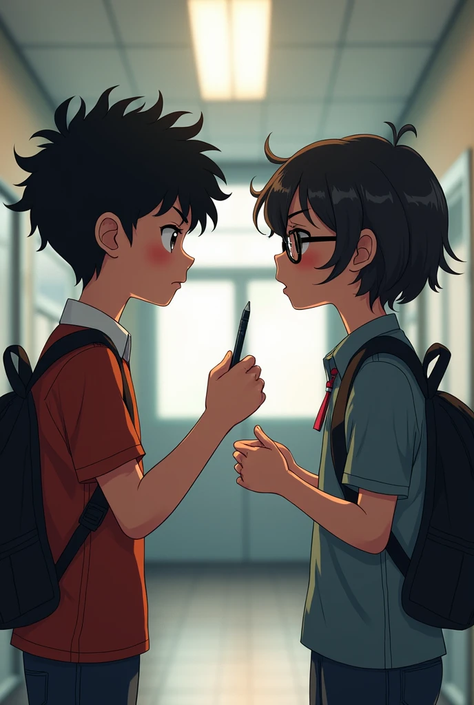 Create a scene at school where:
One with glasses, curly black hair, short, angry Looking at one who is holding a pen in his hand 
