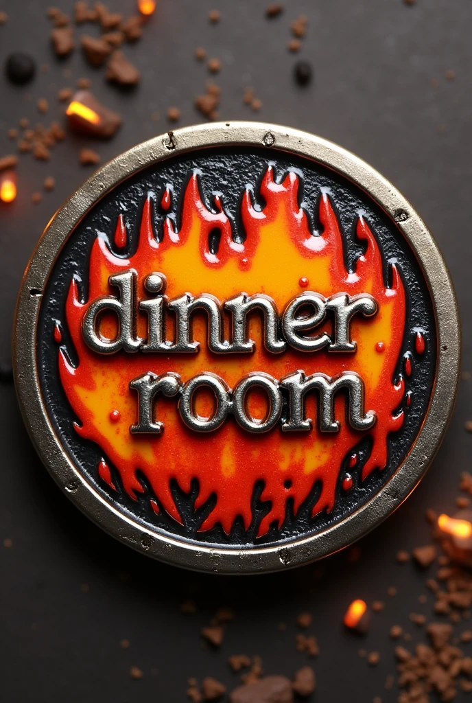 Create a round metallic pin with the stylized phrase Dinner ROOM and colors that refer to the flames of a barbecue.