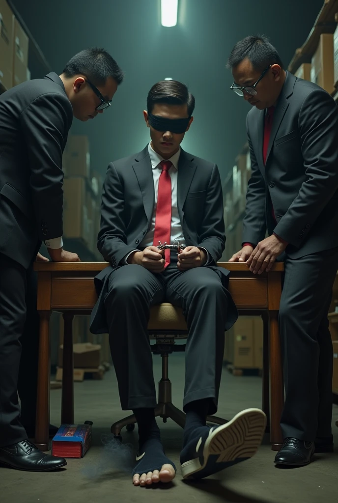 Malaysia malay handsome 19 years 
His handcuff  in warehouse 
Blindfolded
Black Suit and Red tie
feet on desk
feather
A pair of Nike shoes on desk 
5 toes each feet 
Black sock
Smoke effect at sole
2 man tickle his feet
1 man take off  his socks
1  man holding feather tickle his feet 
He laugh very hard
