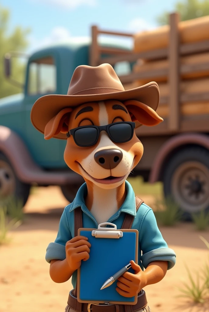 Light brown pitbull dog, Light brown eyes, black sports sunglasses, brown cowboy cap , shirt blue, using blue clipboard and blue pen. Truck with timber in the background in an open yard, 4K, Disney  style. 