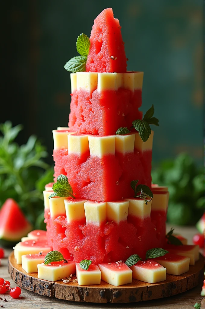 A watermelon cheese tower