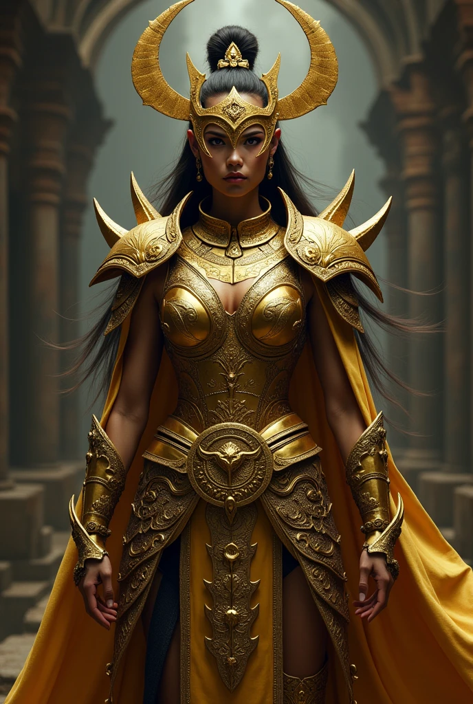 Warrior lady, golden mask, masked face 