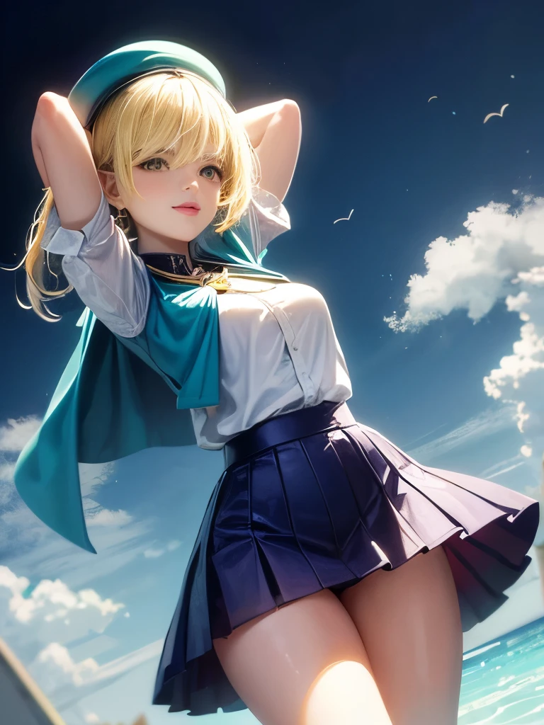 Fajogeno-style, masterpiece, Highest quality, One girl, 2, smile, Pink Lips, Aqua Eye, Blue Beret, Blonde, Mouth closed, Earrings, Have, gem Earrings, jewelry, View your viewers, mini skirt, shirt, Blue Cape, short hair, alone, Cowboy Shot, Place your hands behind your head, 薄dark, dark, High Contrast, Caustics