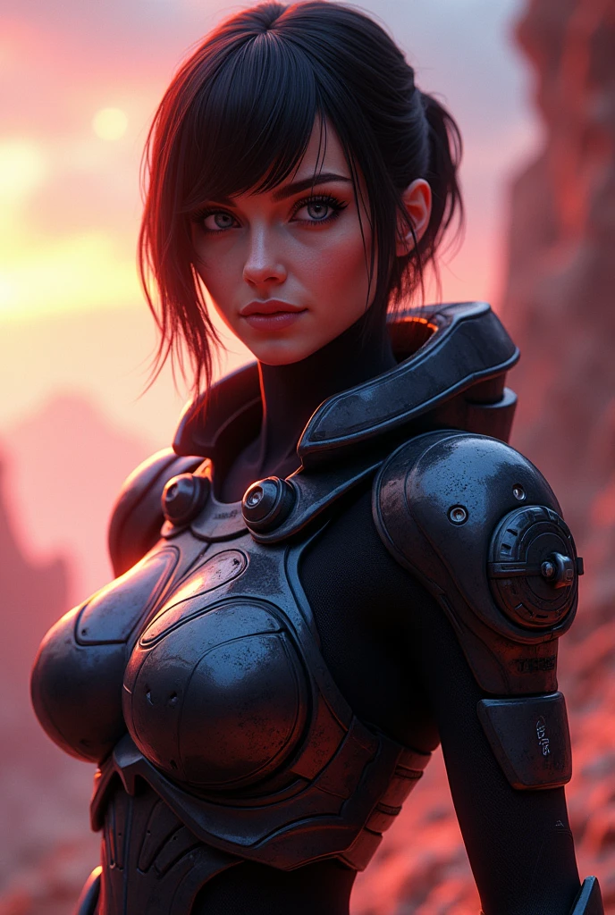 a beautiful woman with bangs, detailed face, detailed eyes, detailed lips, wearing commander shepard's n7 armor from the mass effect game, pixar style, highly detailed, a planet in the background, full body, heroic and epic pose, general plane, cinematic lighting, vibrant colors, intricate details, photorealistic, 8k, masterpiece