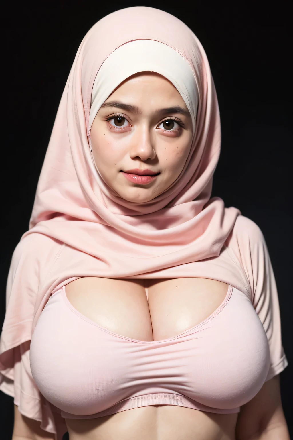 (Naked SEXY pink Hole Sports Bra), Chubby adorable, 1 girl, (face to face), (()), SADNESS, half body portrait, (face details: 1), (eye details: 1), ((biggest breasts:1.5)). wearing transparent transparency soft soft, ((hijab)), .. Cute posed. proportional body. Ultra High Res. realistic: 1.4, UHD, 