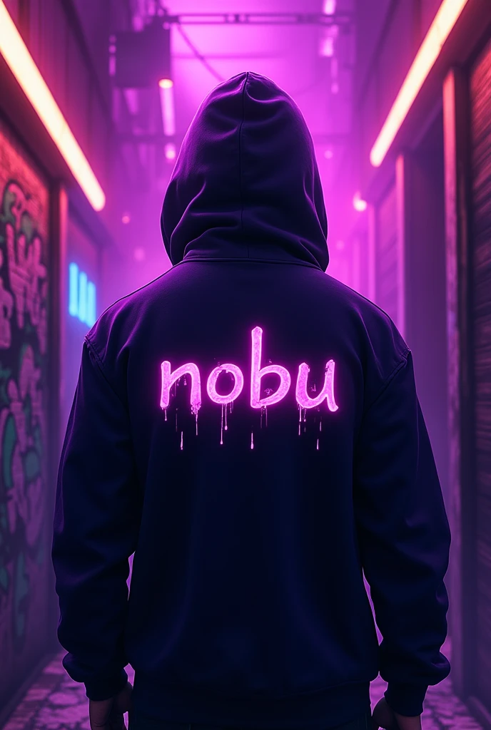 A gaming profile picture of a dark neon purple and green background full with dark graffiti with the text "NOBU" in white, stylized Font like logo. The text is placed on the back of a player wearing a dark purple hoodie. The player is standing in a dimly lit room with purple walls. .