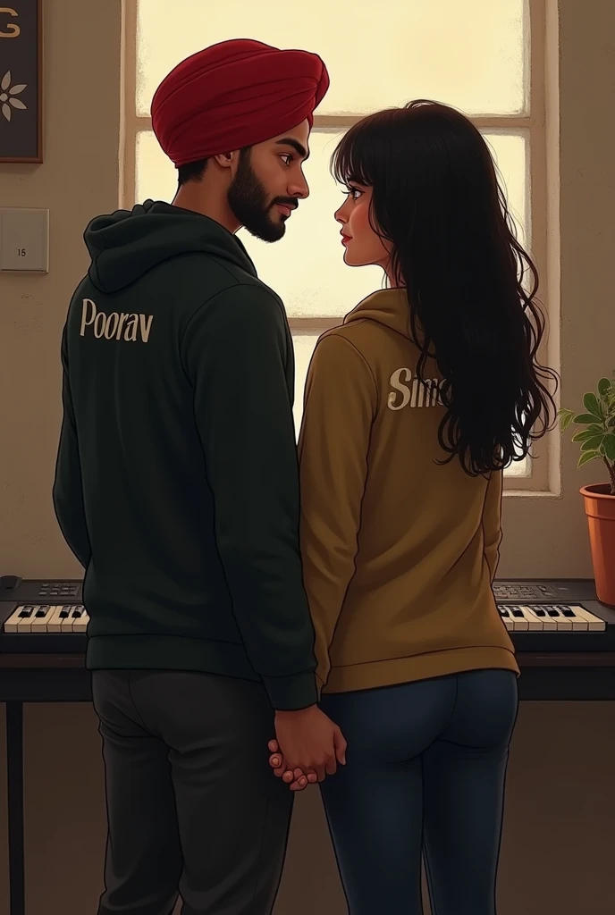 a18 years punjabi boy sir pe lal coolar ki turban pero me jute black coolar ke or hoodie pehan ke rakhi ho or hoodie pe name likha ho poorav ek pass me punjabi girl khadi ho hath pakad kr backgruand kbord pe name likha ho ,poorav and or The name of two people is written in the back of the Bod.in poorav and simran, me bethe ho dono girl and boy