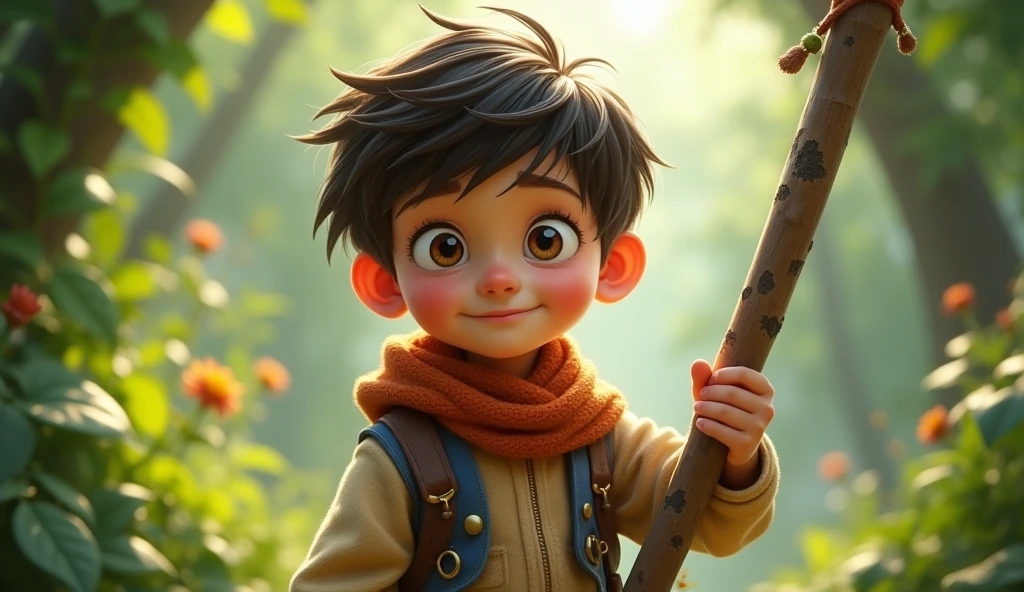 Image Prompt: A curious young boy, around , with bright eyes, holding a stick, and a determined expression on his face.