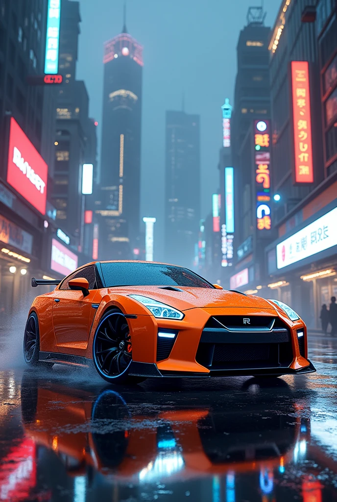Nissan Gt r36 in orange and blue in siberpunk city with neon lights and wet ground