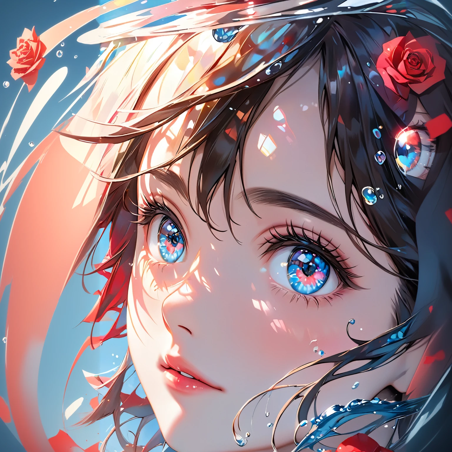 Blue-eyed anime girl and red roses in water, detailed Digital Animation Art, Anime Art Wallpaper 4K, Anime Art Wallpaper 4K, anime art wallpaper 8 k, Anime style 4k, Stunning anime face portraits, Anime Wallpaper 4K, Wallpaper Anime Blue Water, Anime Wallpaper 4K, Digital Animation Art, Beautiful anime portrait, Detailed portrait of anime girl