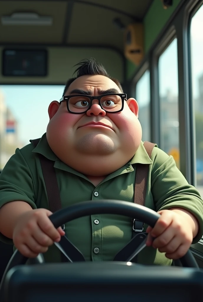 Chubby grumpy driver with glasses driving a bus seen from outside