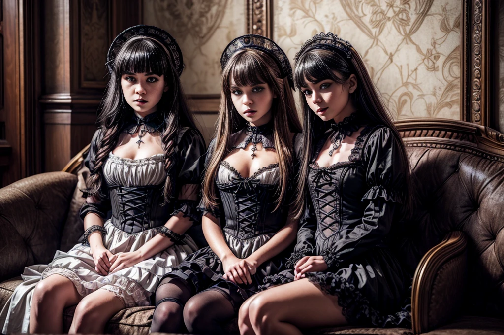 ((masterpiece、top-quality)), (Photo realistic photography:1.4) , (2 gothic ta:1.5), White Elegance, Highly detailed frills, (intricate details),2 different girls, English females, 18year old, Mystical Beautiful Girls, Very young faces, perfect anatomia, perfectly proportions, Very young figure, face perfect, Strong gothic makeup, Whitewashed face, Purple Lipstick, Purple eye shadow, (Heavy makeup:1.4), Pathological beauty, Bright on the face, Details of face, serious faces, blonde and black hair, Long straight hair, Parting aligned bangs, Hair that flutters in the wind, Gothic Loliostumes, Black bulging with panniers, Very short stature, Very small breasts, ((Two girls sitting close together on a lounge chair)), conceptual art, Reality, godrays, Cinematographic lighting, canon, high details, hiquality, HD fine, 16K resolution, Full body portrait, knee up shot