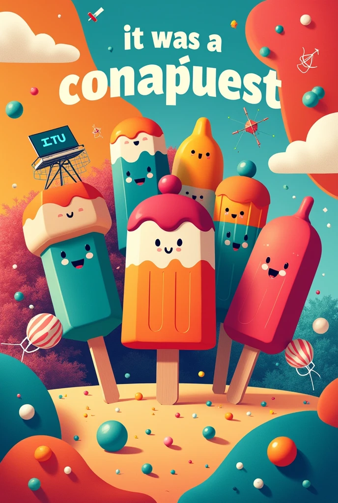 Create for me an image that represents different itu popsicles with the phrase "it was a conquest"