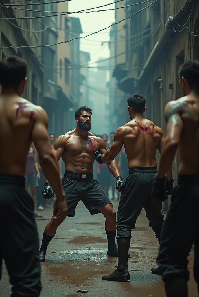 In a tense scene, Max steps into the ring, this time a makeshift arena in the alley where the strays have gathered. The fight is brutal, with Max taking on multiple opponents at once. His strength and training pay off as he successfully fends off the attackers, but not without sustaining injuries. The scene is filled with raw emotion, as Max's family watches anxiously from the sidelines, their love and concern palpable.