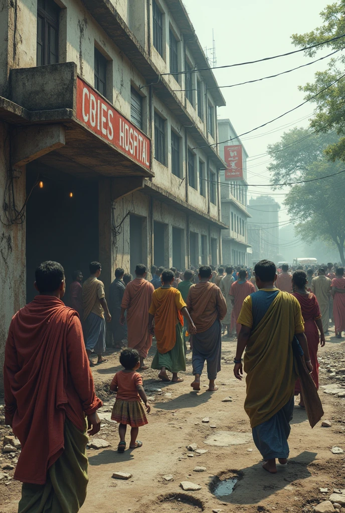 indian people with their crying kids going to a worst cracked walls hospital beside a wide cracked road with traffic 