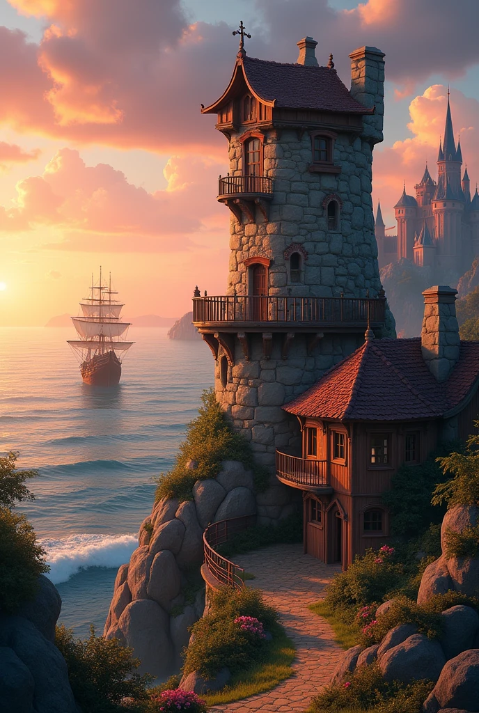 Create a landscape with a tall, rustic, rocky tower , The tower will only have a small window at the top and a balcony (Tangled movie style) near a rustic house , In the background an ocean with a pirate ship floating , a castle further in the background near a sunset