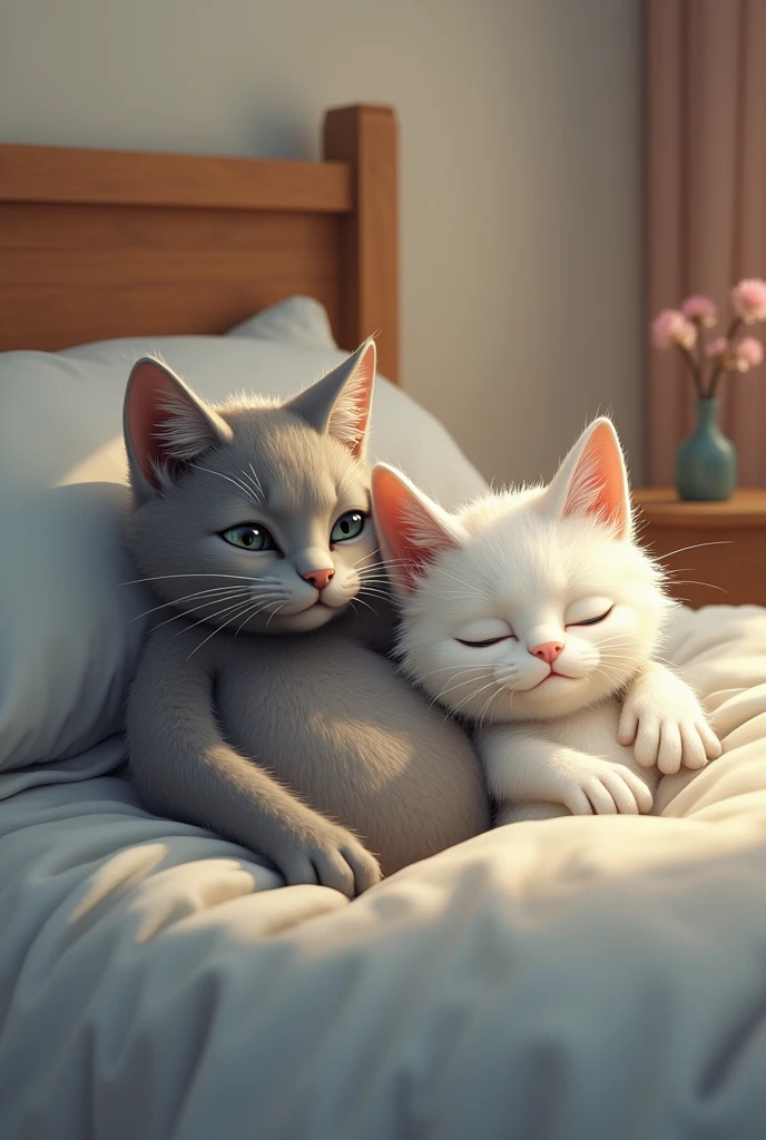 Adult Gray cat he is on the street he is like a human hands like a human he woke up in bed with his wife wife white. The grey cat woke up and ate

